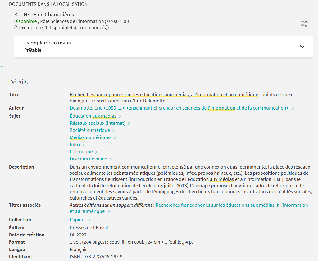 Notice de documents dans le catalogue de la Bibliothèque Clermont Université. Elle indique la cote et la localisation.