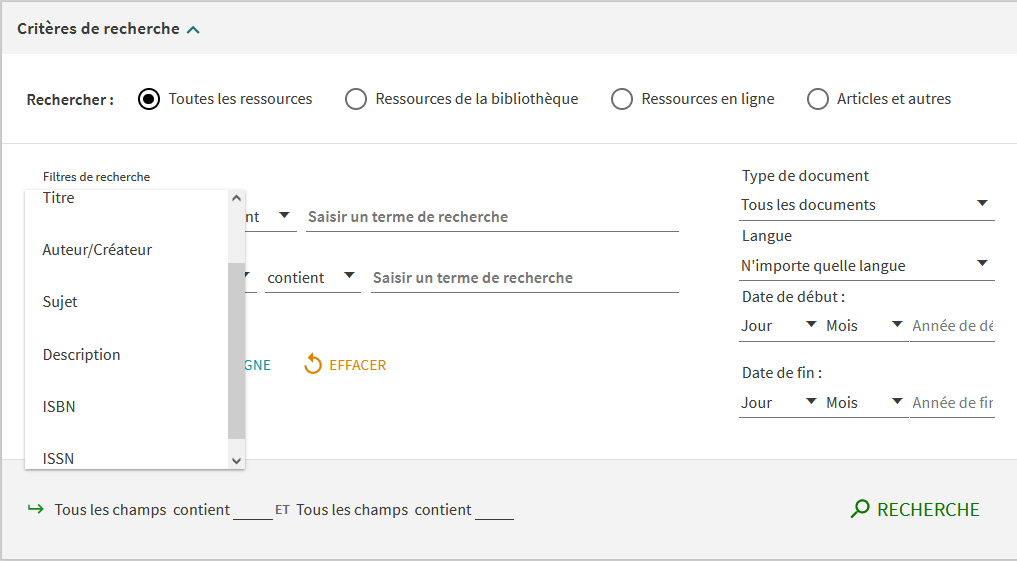 Les divers index de recherche