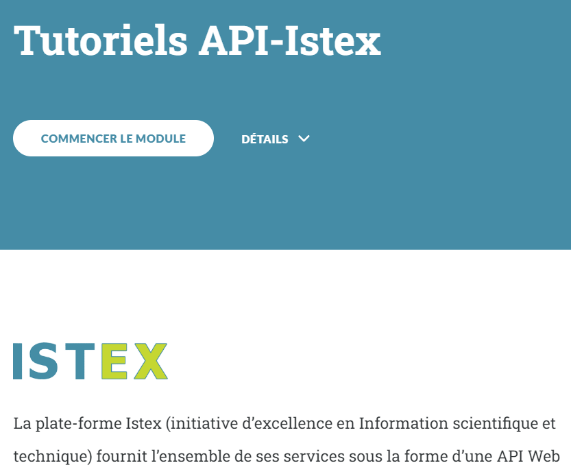 Page d'accueil du parcours API-ISTEX