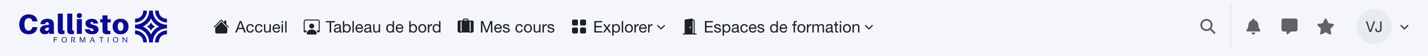 Menu Callisto après connexion, montrant les nouveaux boutons mentionnés ci-dessus.