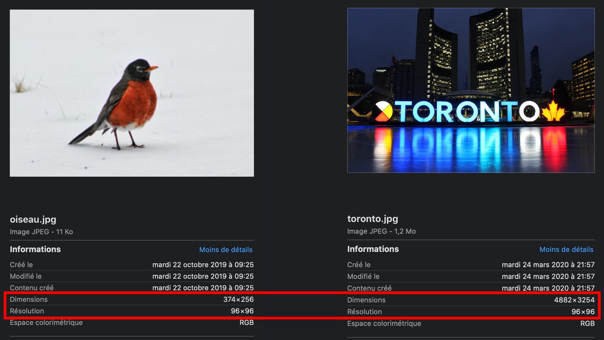 oiseau.jpg et toronto.jpg ont la même résolution, mais le premier fichier a des dimensions bien inférieure.