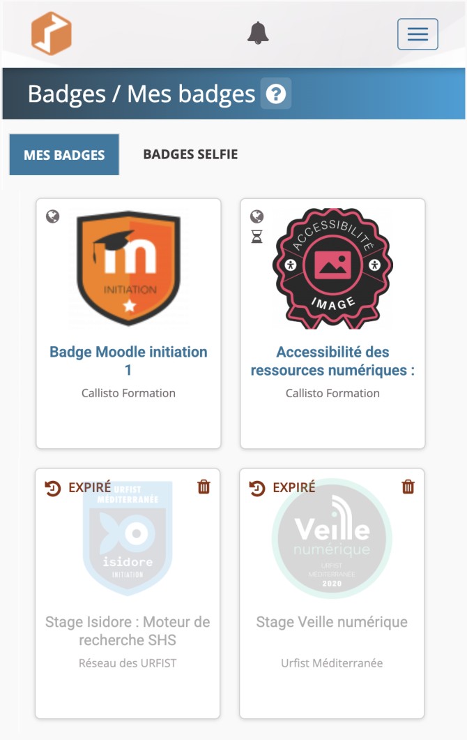 Capture d'écran du site Open Badge Passport montrant quatre badges reçus par un utilisateur.