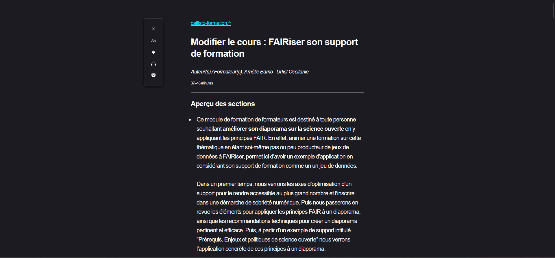 Capture d'écran du mode lecture de Firefox affichant une page avec un affichage épuré sur fond sombre.