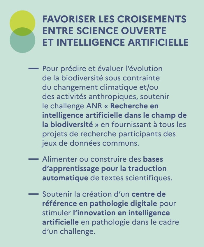 Infographie : Favoriser les croisements science ouverte/IA via jeux de données communs, traduction automatique, pathologie.