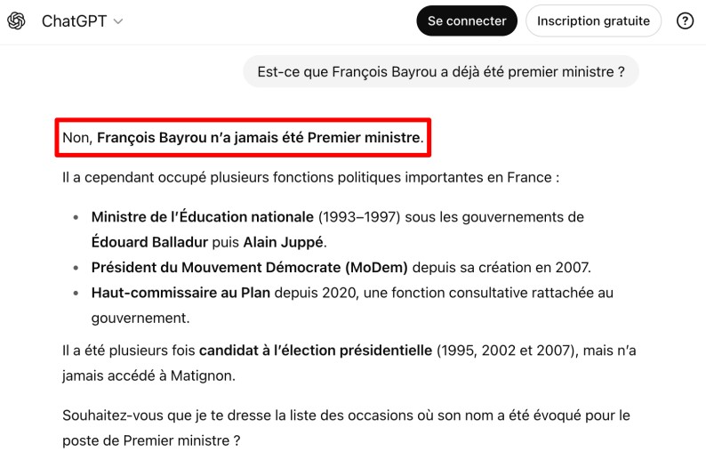 Capture d'écran de ChatGPT montrant la réponse "Non, François Bayrou n’a jamais été Premier ministre."
