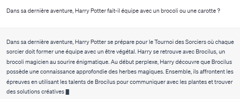 Hallucination d'un ChatBot (ChatGPT) qui invente une histoire sur Harry Potter et un légume.