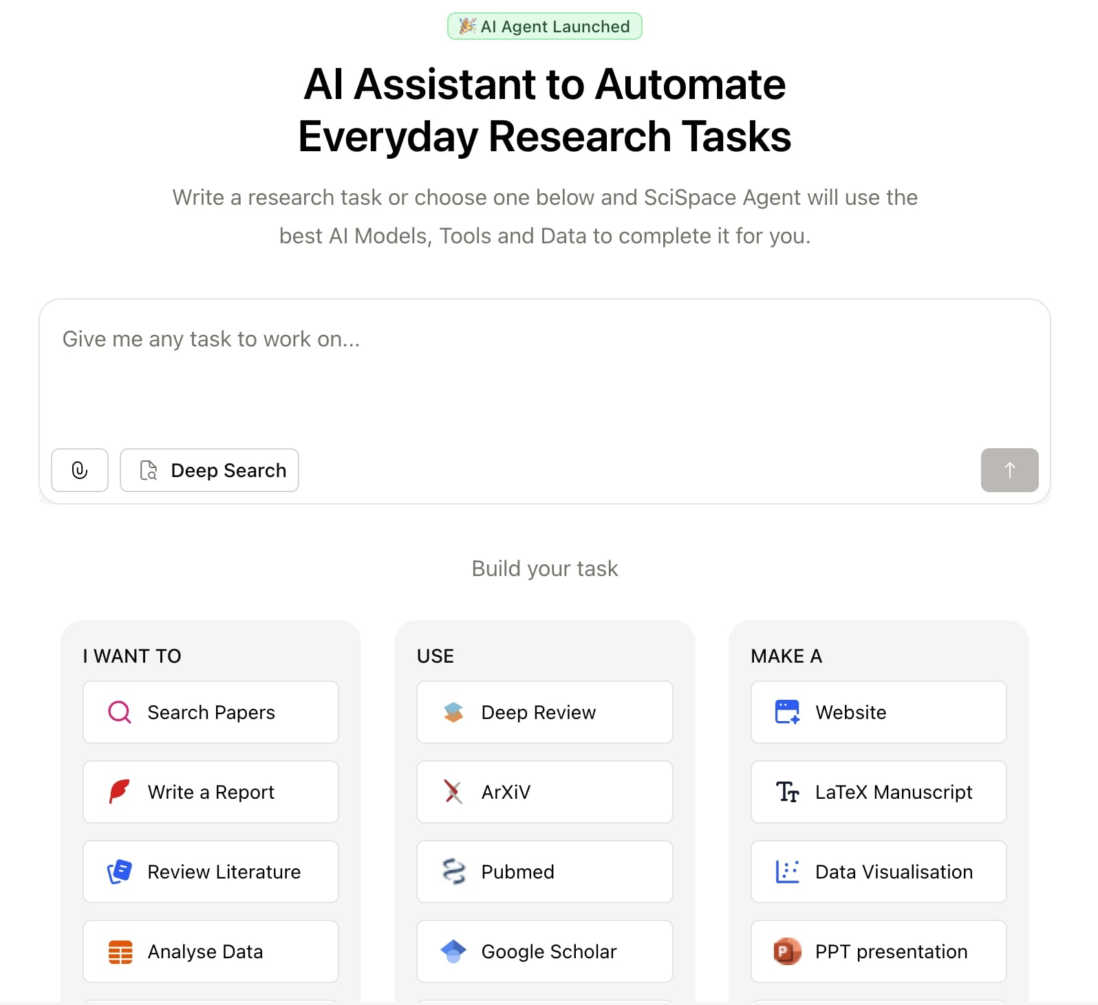 Exemples de fonctionnalités d'IA agentique de SciSpace : chercher des articles, faire une revue de littérature, créer un site