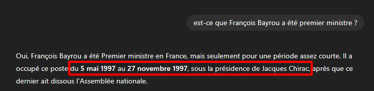 Capture d'écran de l'exemple de réponse indiquant que François Bayrou a été premier ministre sous Jacques Chirac.
