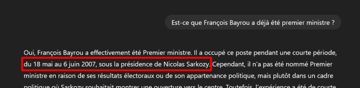 Capture d'écran de l'exemple de réponse indiquant que François Bayrou a été premier ministre sous Nicolas Sarkozy.