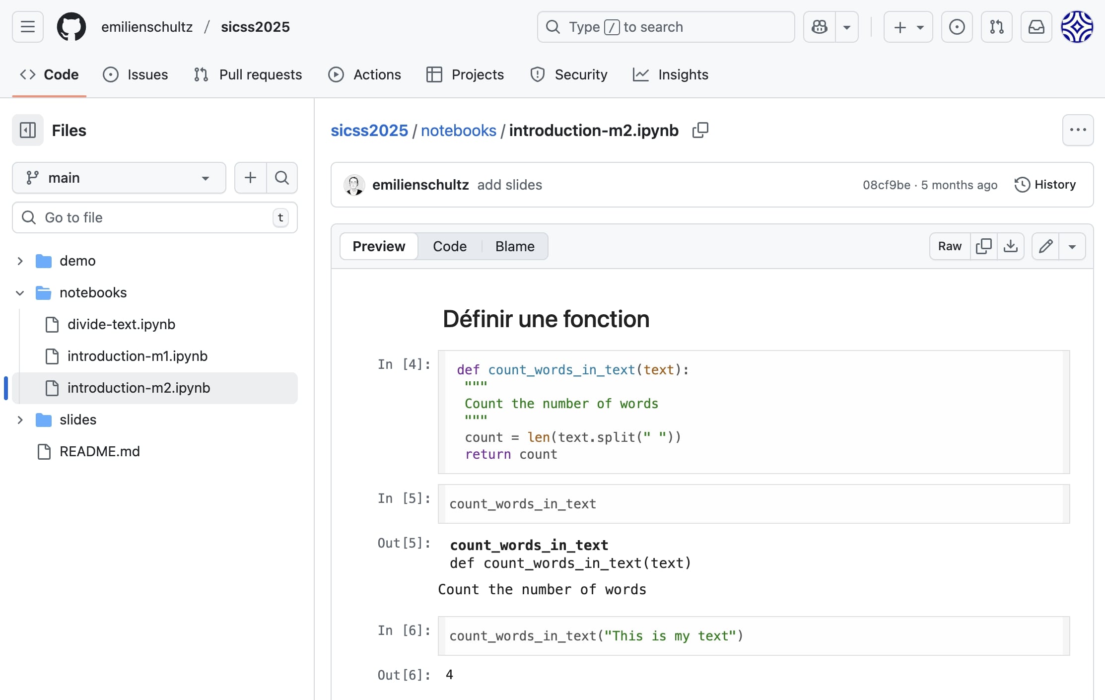 Capture d'écran montrant un notebook, avec l'arborescence des fichiers à gauche et la visualisation d'un fichier à droite.