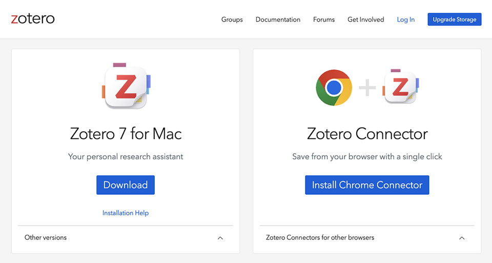 Capture d'écran du téléchargement de Zotero 7 version ordinateur et extension de navigateur.