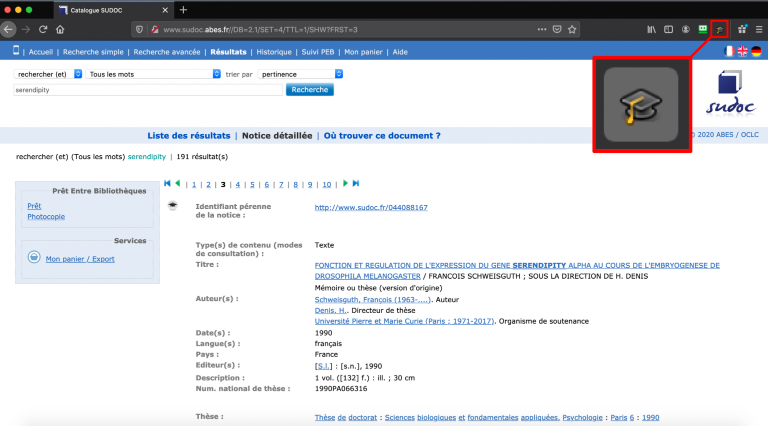 Capture d'écran de la page de l'ouvrage dans le Sudoc, montrant l'icône thèse de Zotero dans le navigateur.