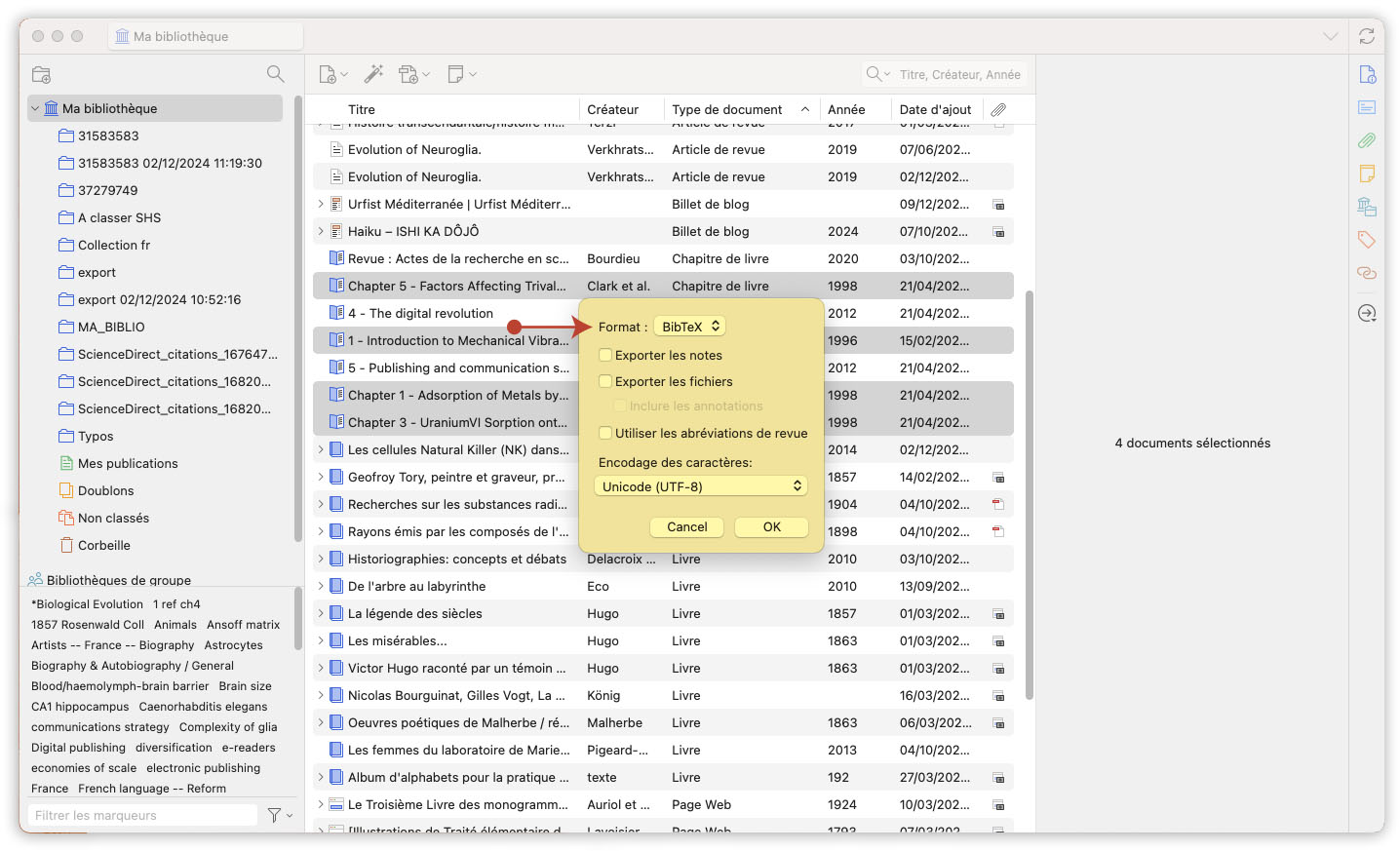 Capture d'écran de Zotero montrant l'export d'une référence au format BibTeX.