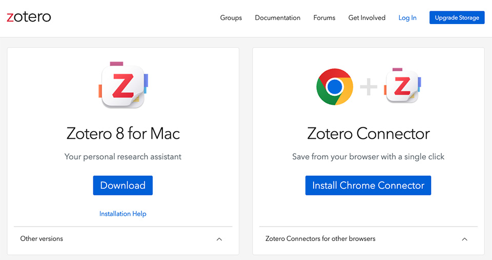 Screenshot of the Zotero 8 download page for the desktop version and browser extension.