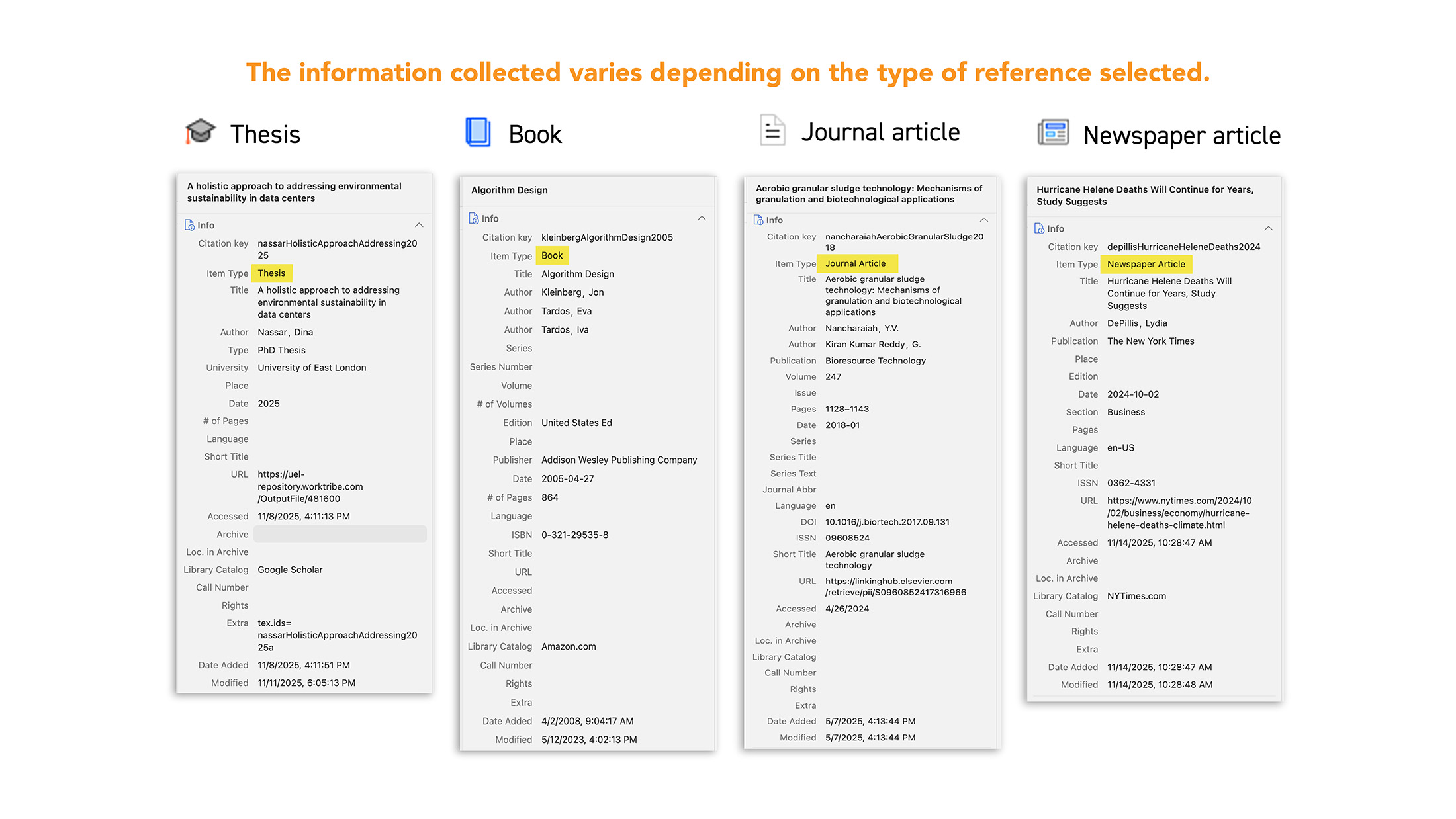 The collected information varies depending on the type of reference selected.