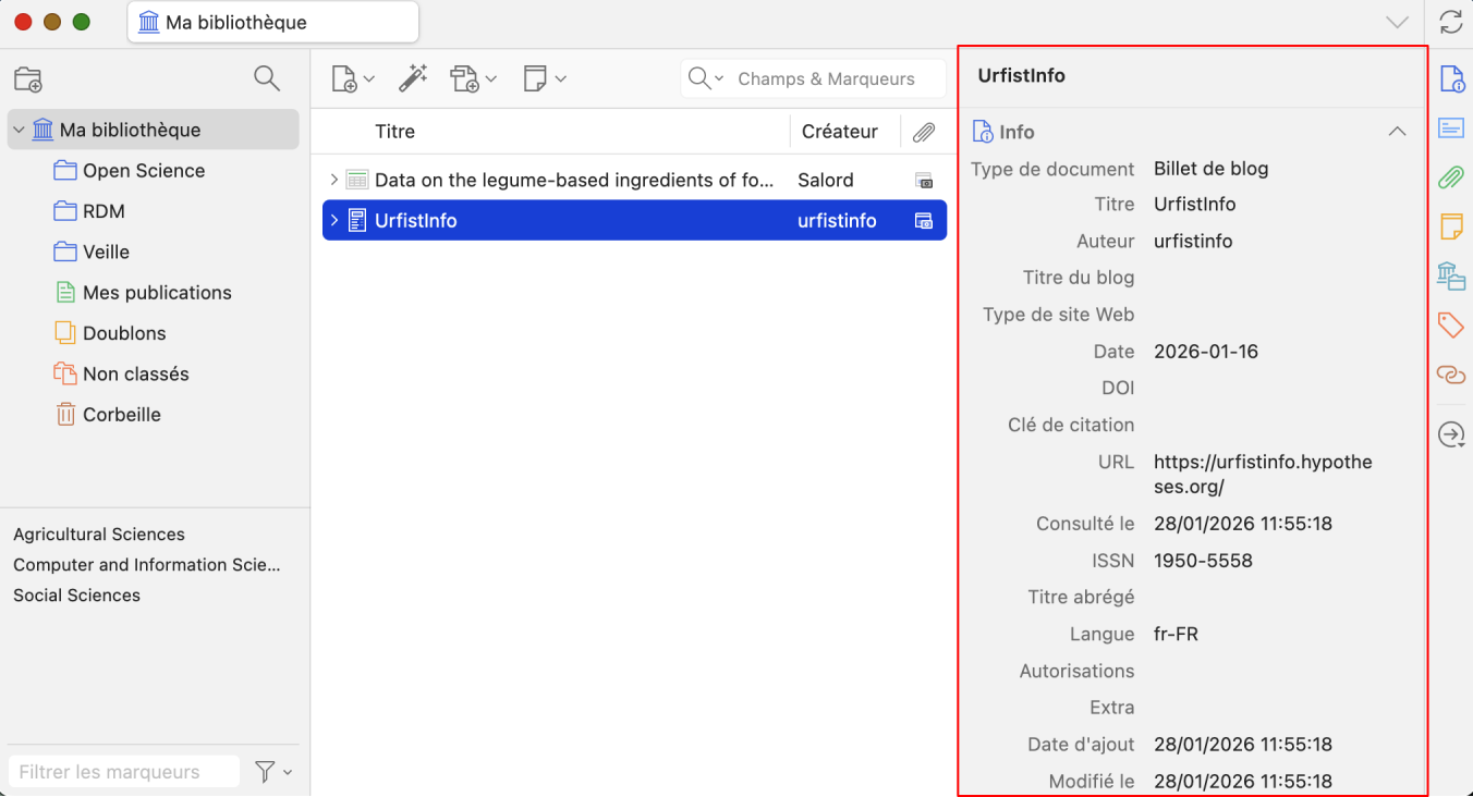 Zotero screenshot showing the metadata of the Urfist Info reference.