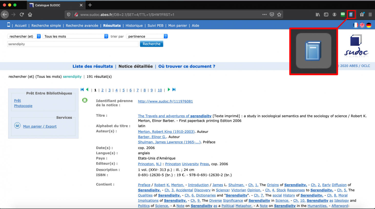 Screenshot of the book page in Sudoc, showing the Zotero book icon in the browser.