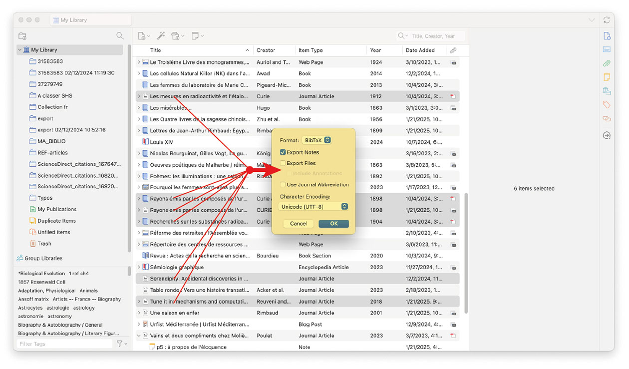 Zotero screenshot showing the export of multiple references in BibTeX format.