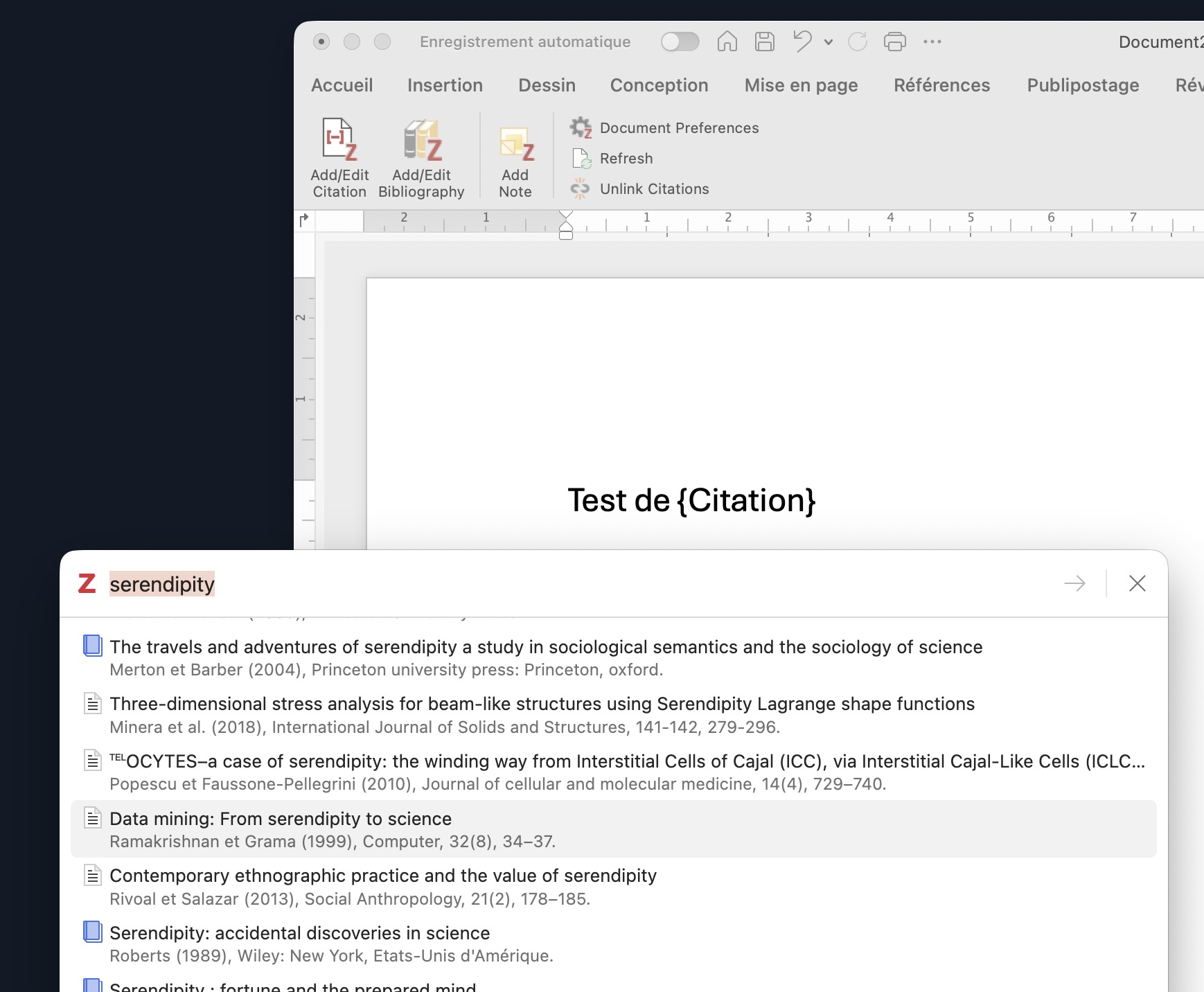 Screenshot of adding a bibliographic citation in Zotero.